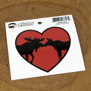 Two moose nuzzle noses on a heart-shaped decal